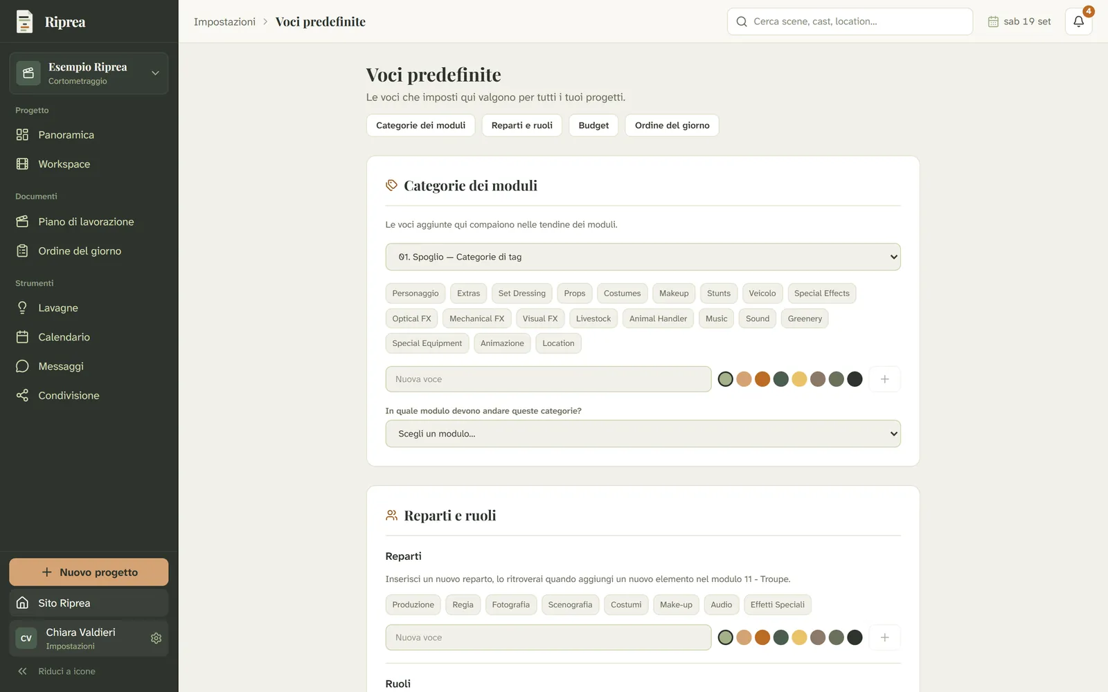 Pagina Voci predefinite di Riprea con le categorie di tag dello spoglio e i reparti della troupe modificabili.